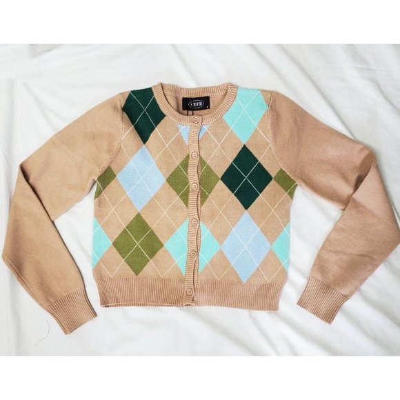 CIDER Womens Argyle Print Knit Crop Cardigan Sweater Jacket Retro S NWT - Picture 5 of 7